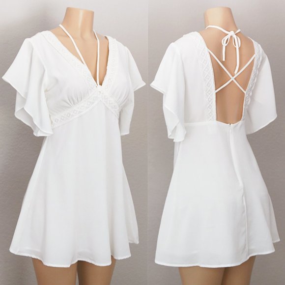 essue Dresses & Skirts - White Plunging V Neck Strappy Skater Mini Dress